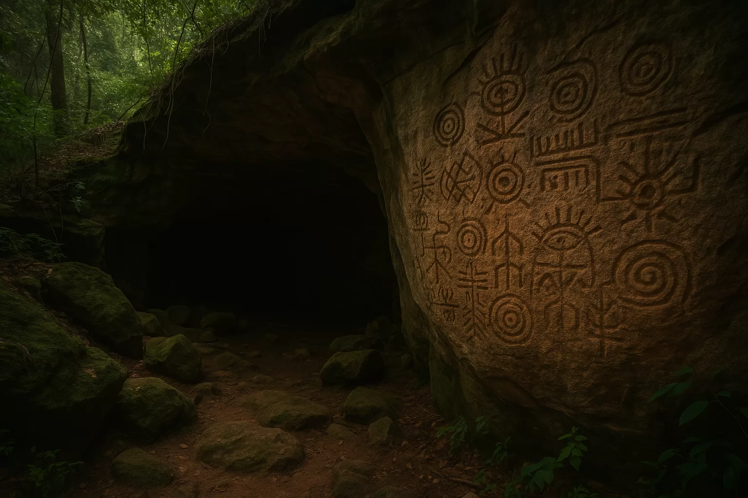 Entrada de uma caverna antiga em meio à mata, com inscrições rupestres geométricas e figuras humanas gravadas em uma parede de pedra, parcialmente coberta por musgo.